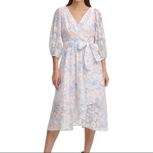 DKNY floral pink and blue wrap poof sleeve midi belted tie dress